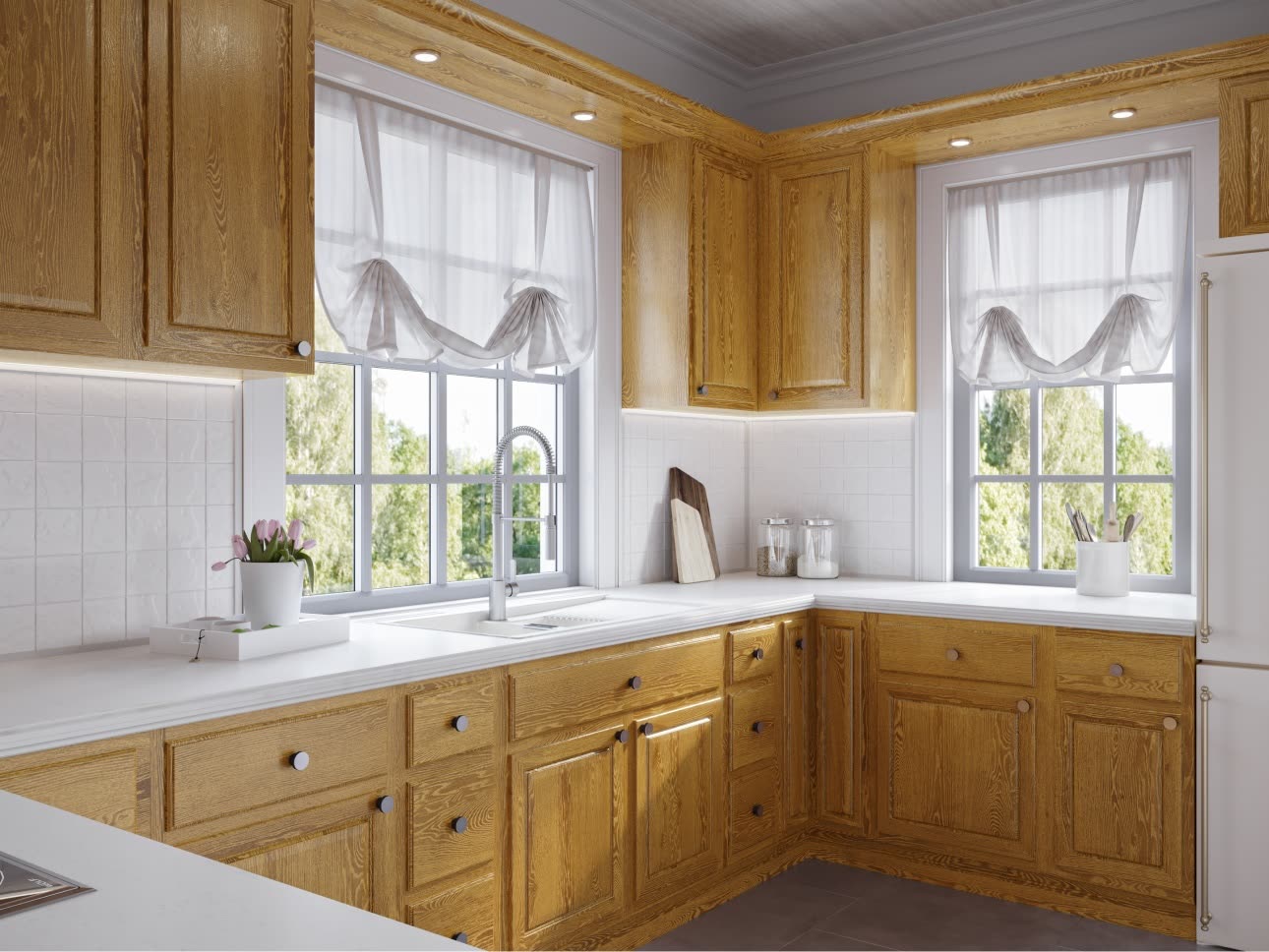 A kitchen with Country Oak cabinets