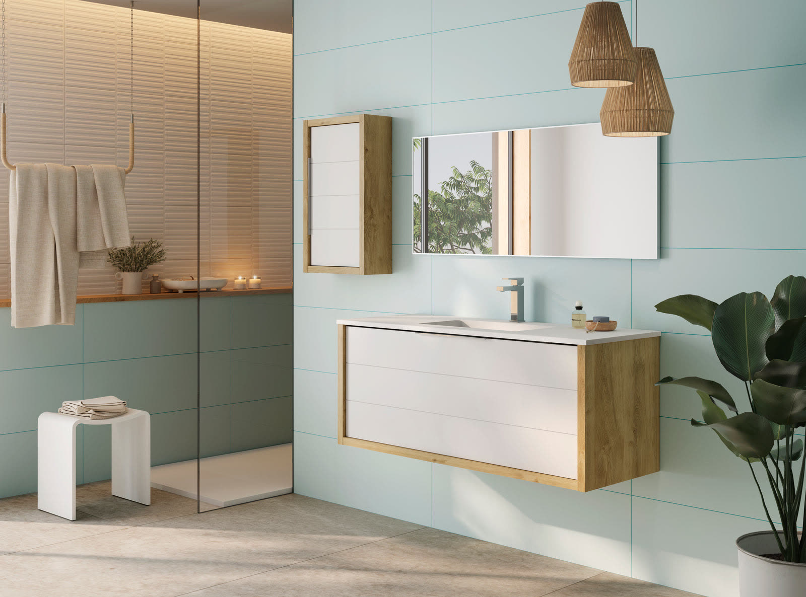 Bathroom inspiration from DAX with a white and oak MODENA vanity, mirror, wall cabinet and pale green tile