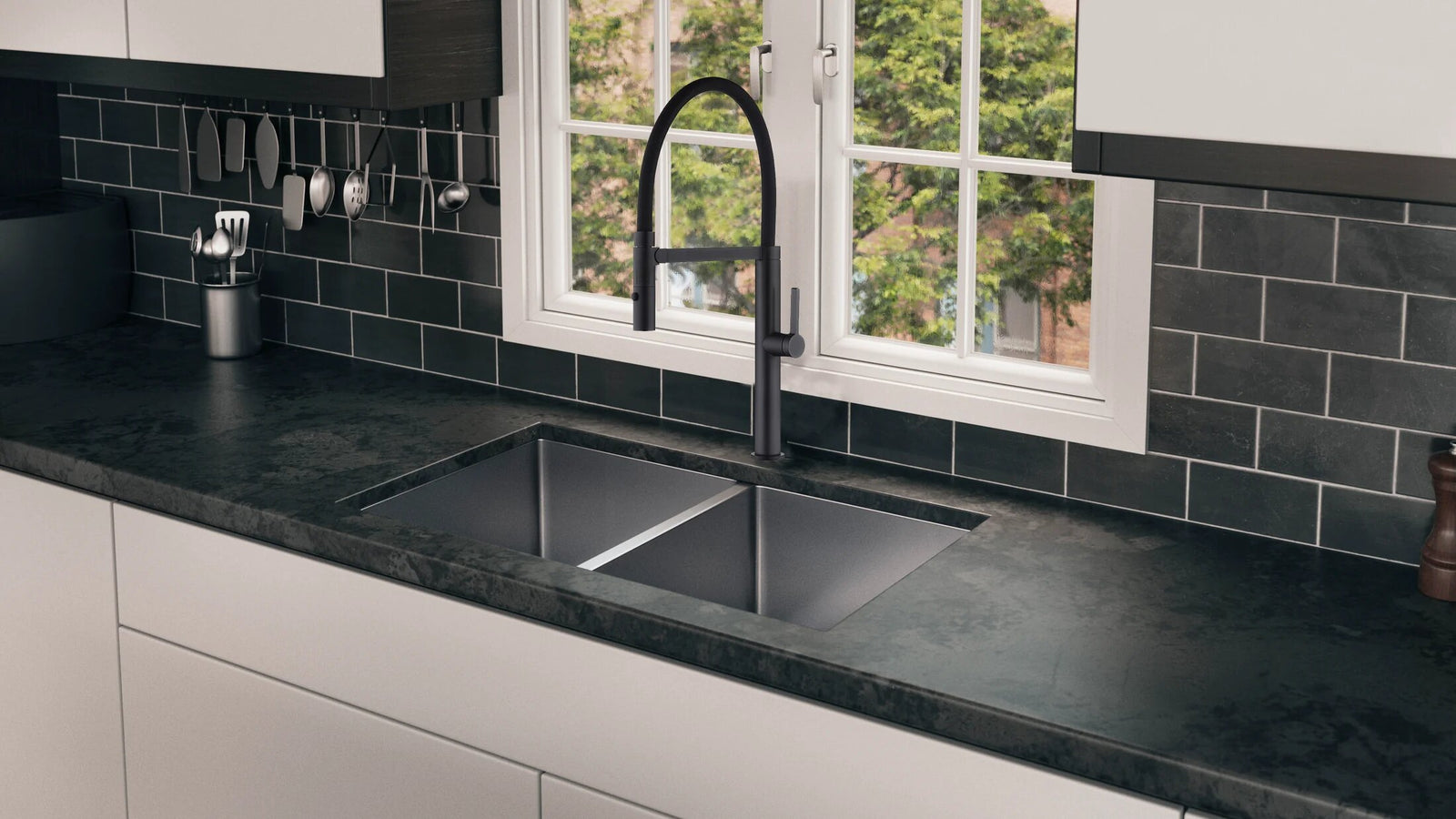 Kitchen inspiration from DAX with a black faucet, double-bowl sink, white cabinets and dark surfaces