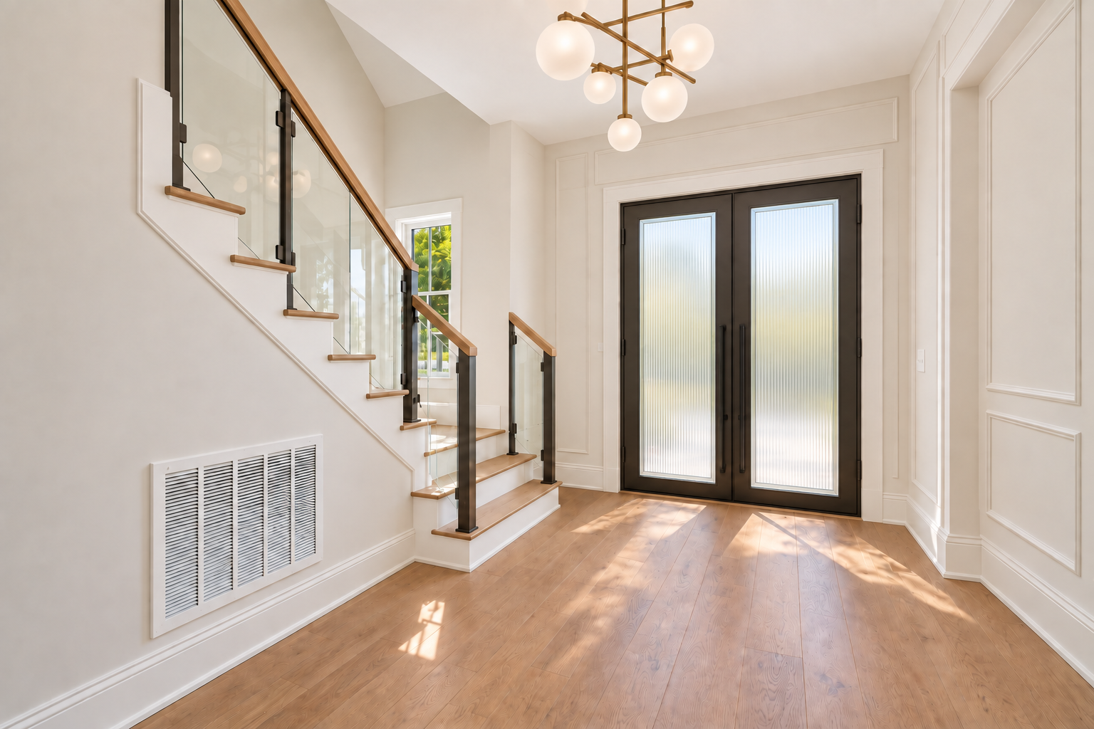 After: black-framed double doors with ribbed glass, a glass stair rail and a modern light fixture
