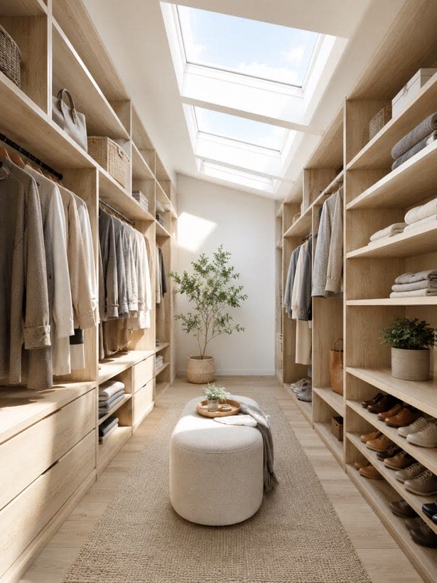 A walk-in closet with a skylight
