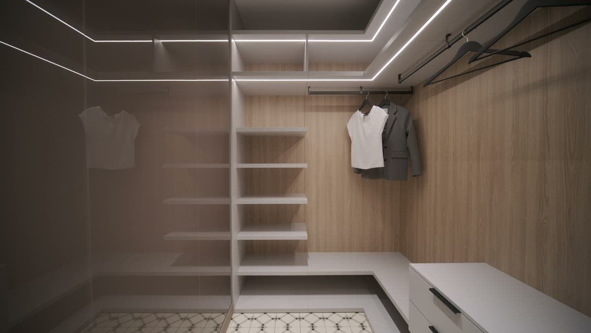 Lit shelving and hanging space