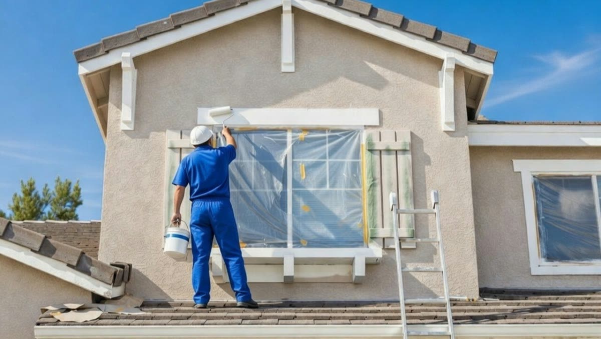 Painter on a roof rolling fresh paint onto the trim of a stucco home