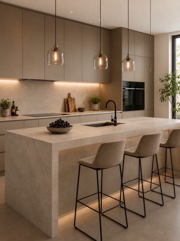 A modern kitchen with pendant lights