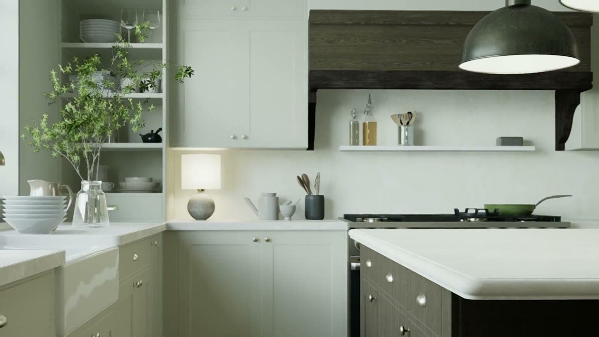 Sage green shaker cabinets