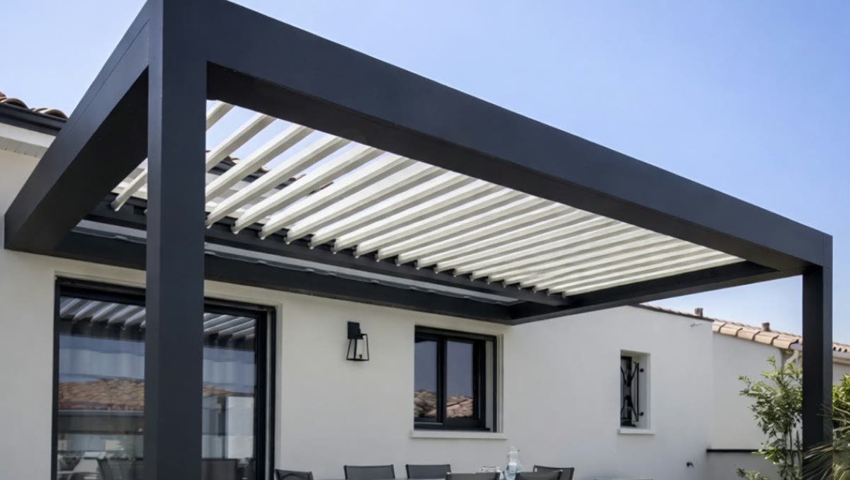 A louvered aluminum pergola