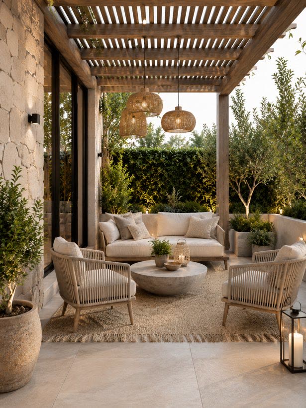 A covered patio with a wood pergola
