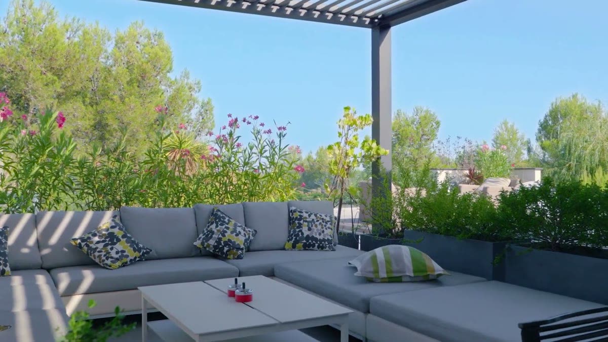 A shaded outdoor lounge