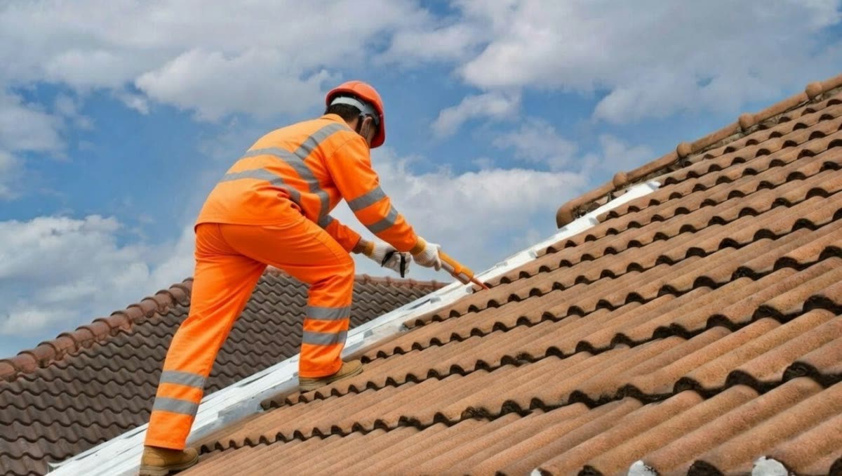 Working on a tile roof
