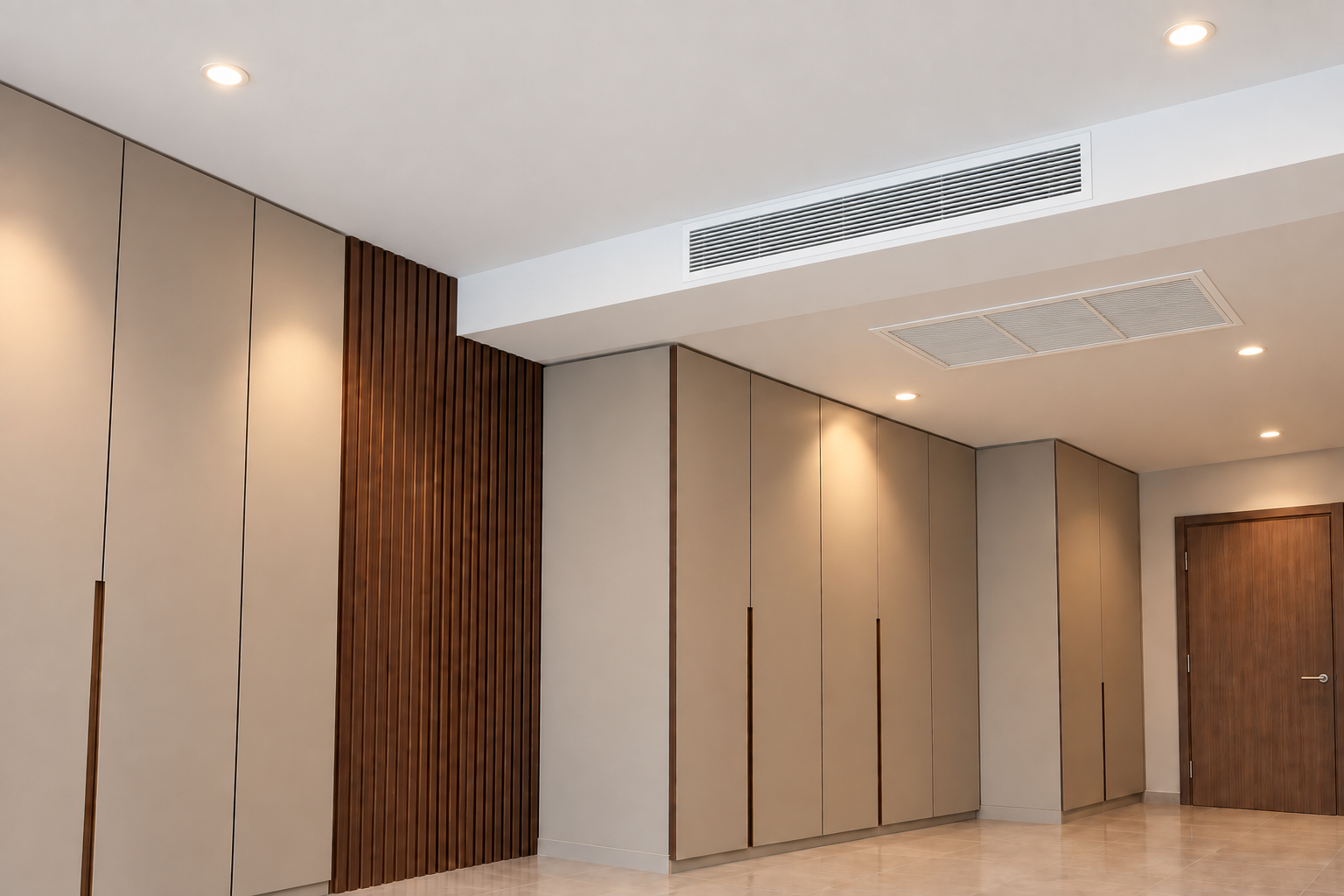 After the upgrade: a concealed ducted HVAC system with ceiling vents and no visible indoor unit