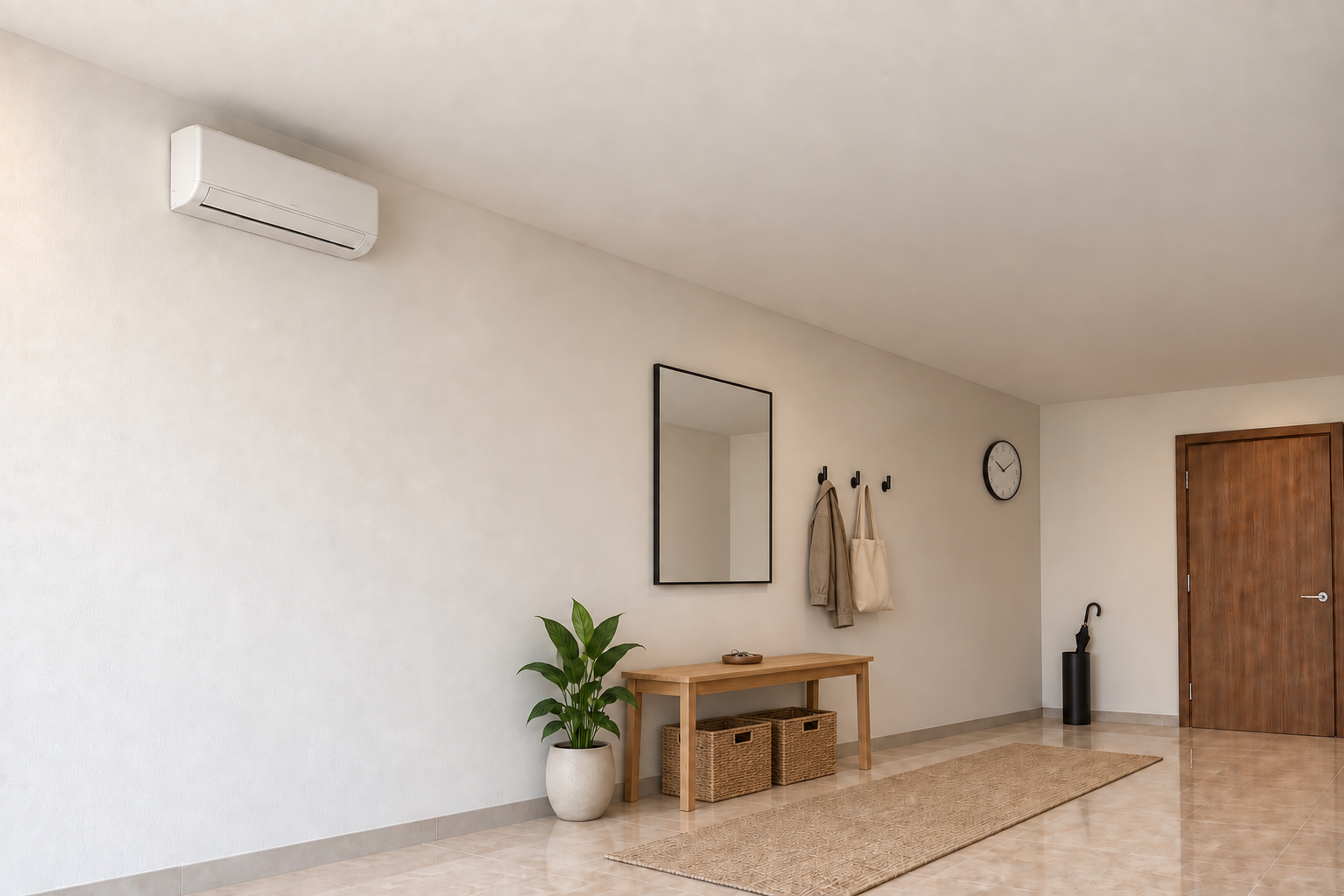Before the upgrade: an older wall-mounted mini-split unit in the entryway