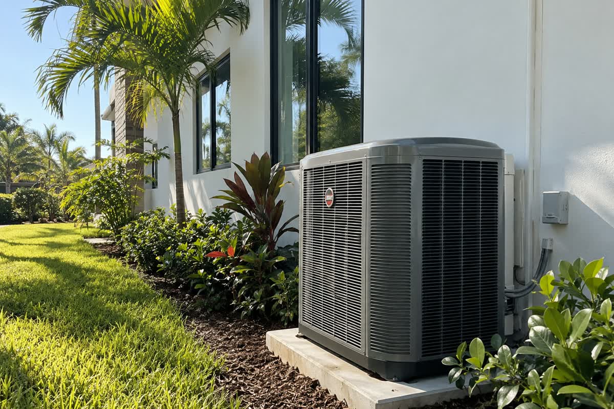 A modern air conditioning condenser beside a Florida home