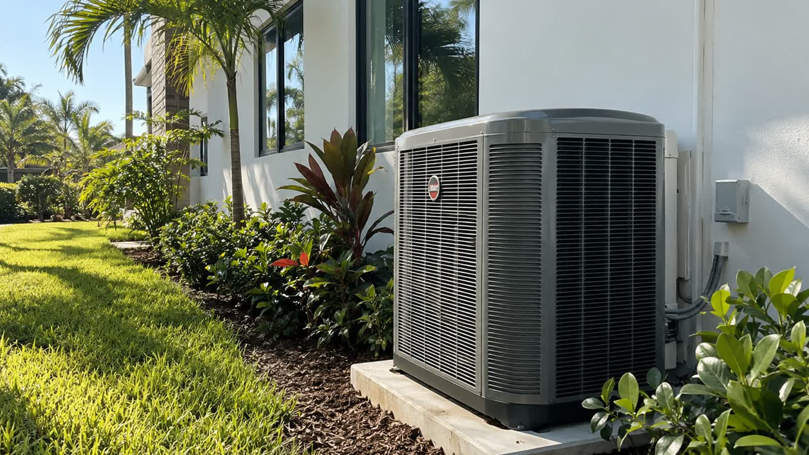 A modern air conditioning condenser beside a Florida home