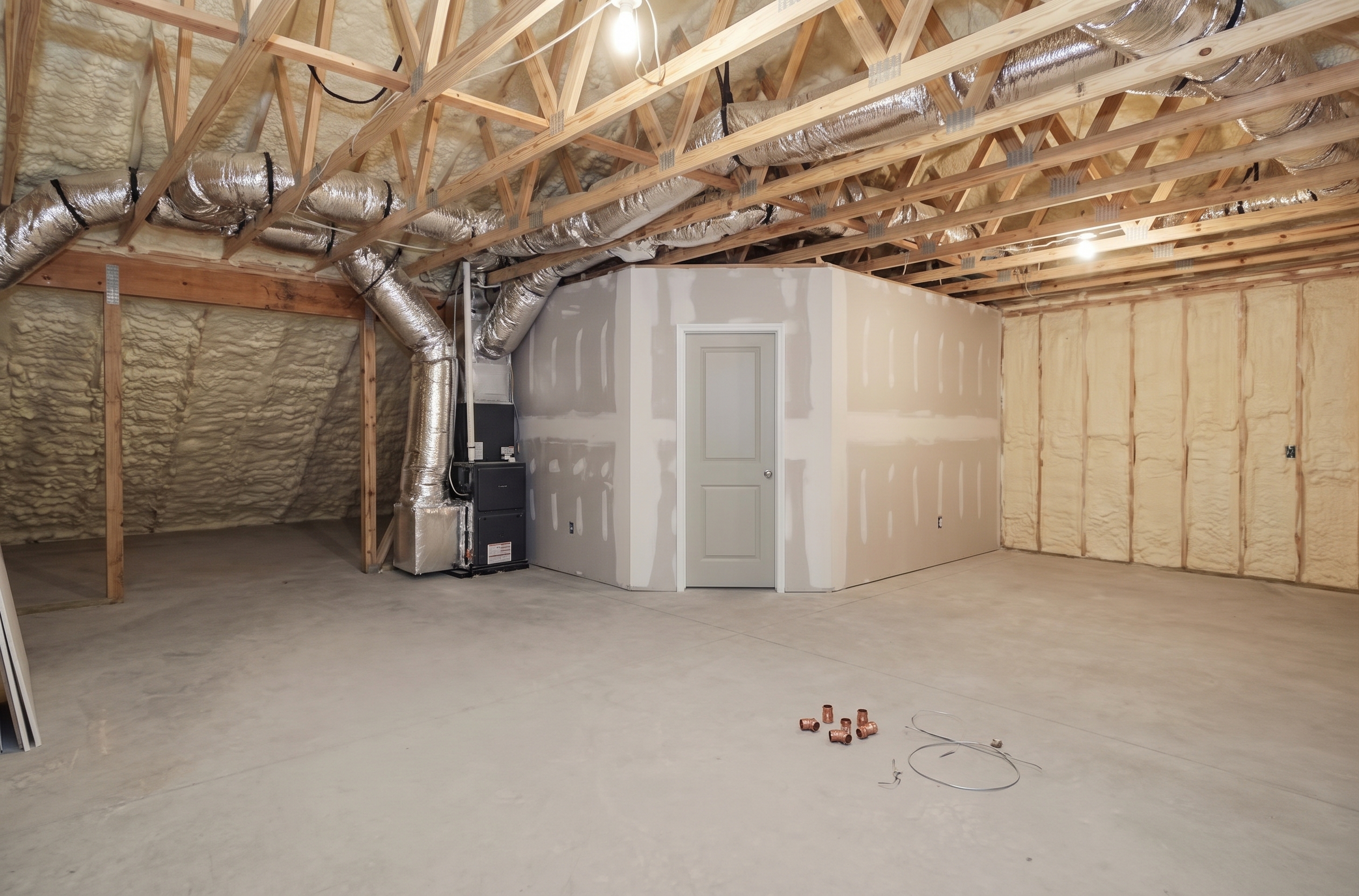 After: full spray-foam insulation covering the roofline and walls of the unfinished attic space