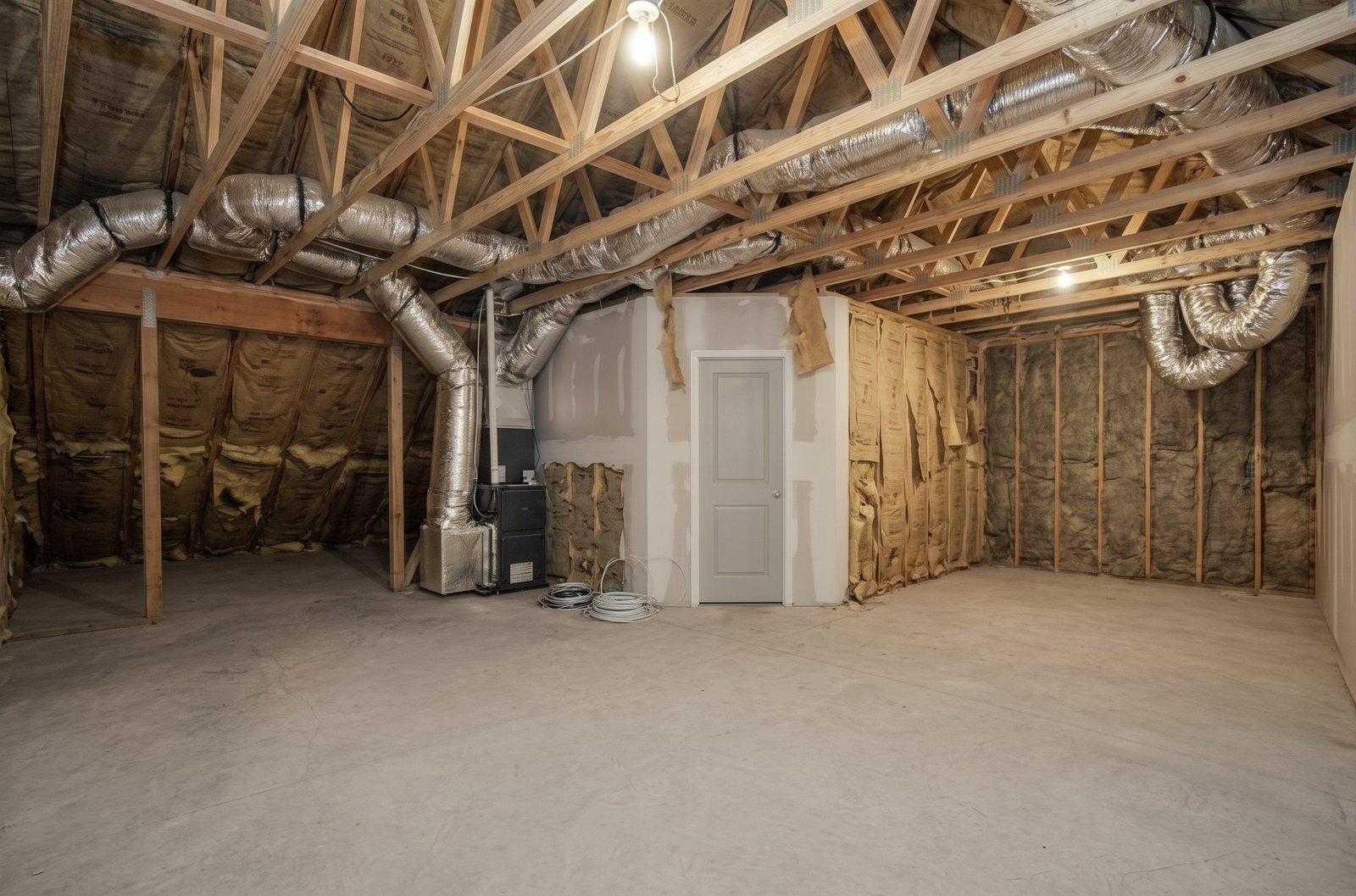 Before: the same attic space with older paper-faced batt insulation and bare framing