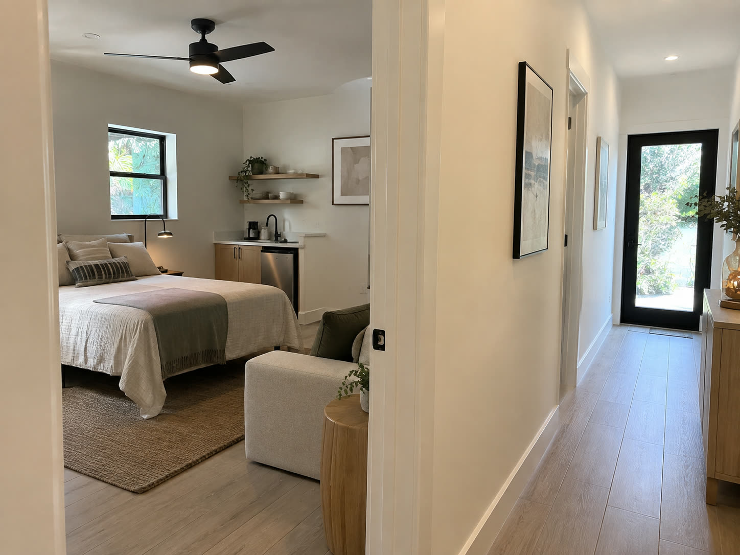 Bedroom and hallway in a guest unit