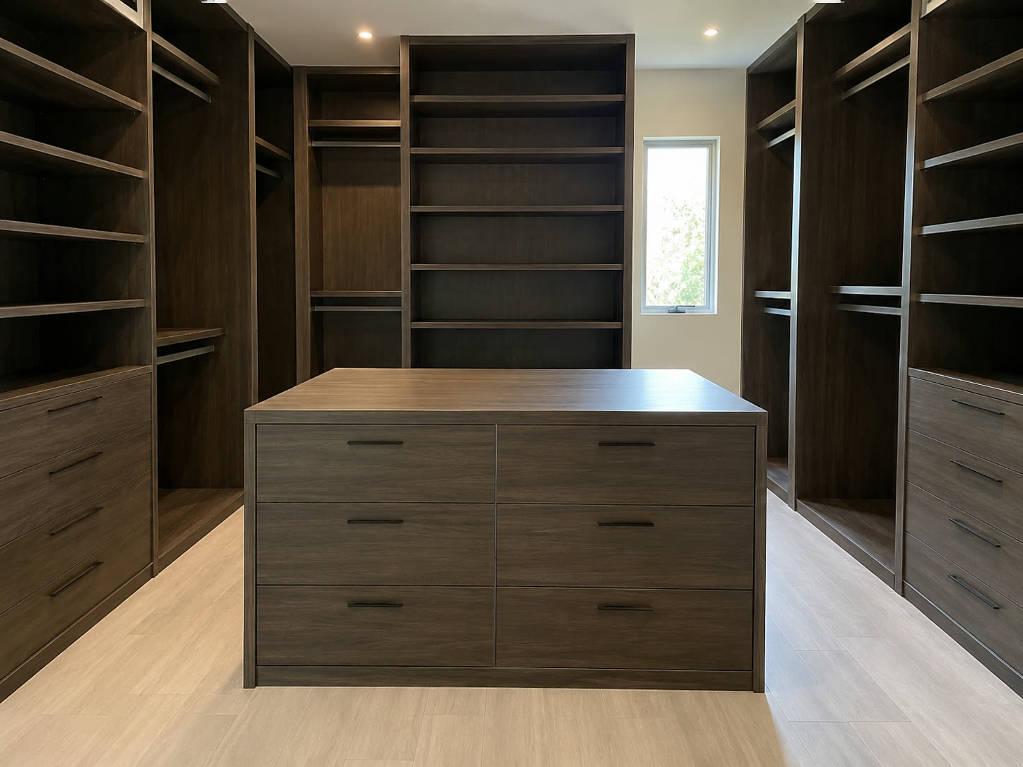 Dark wood shelving and drawers