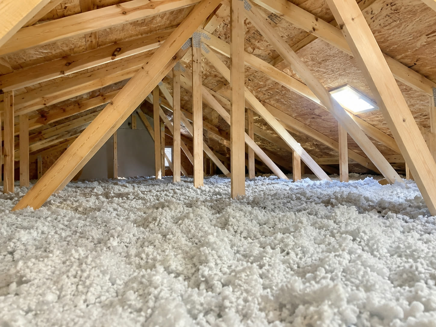 Blown-in insulation across an attic floor