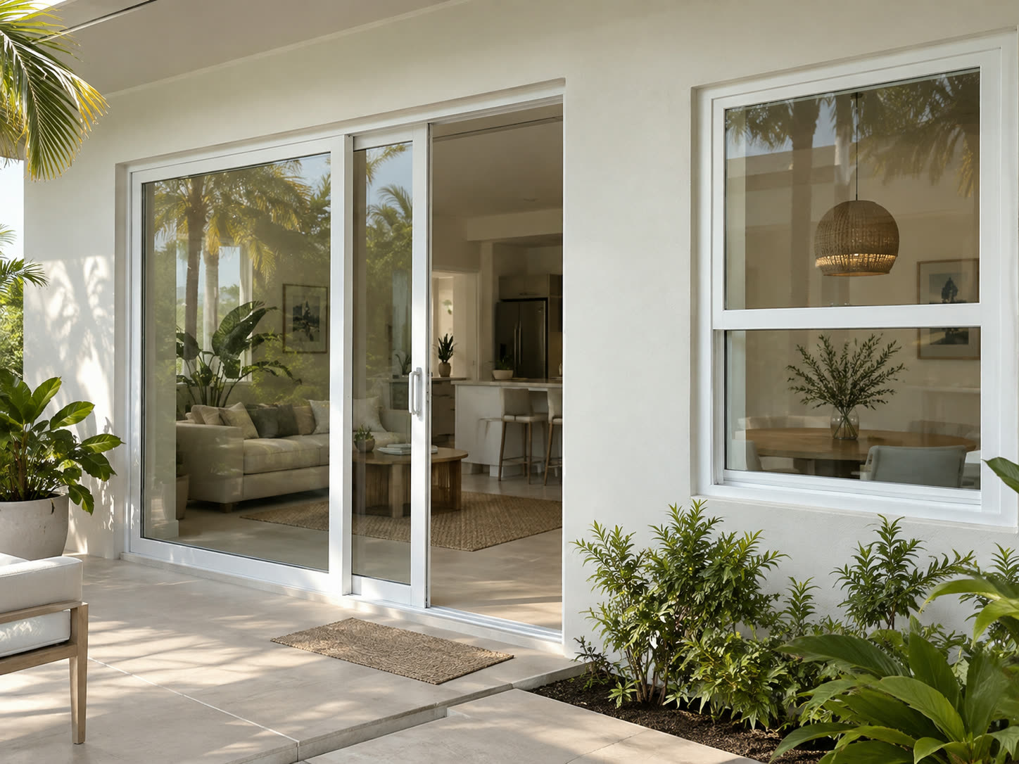 White sliding doors and a picture window