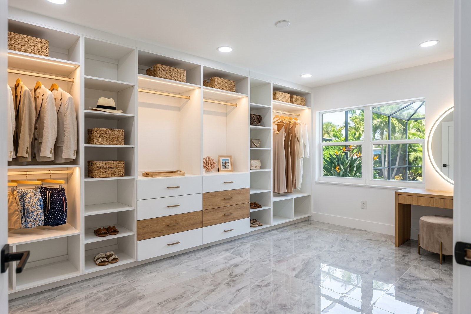 After: custom white and wood closet with lit hanging rods, drawers, shelving and a vanity