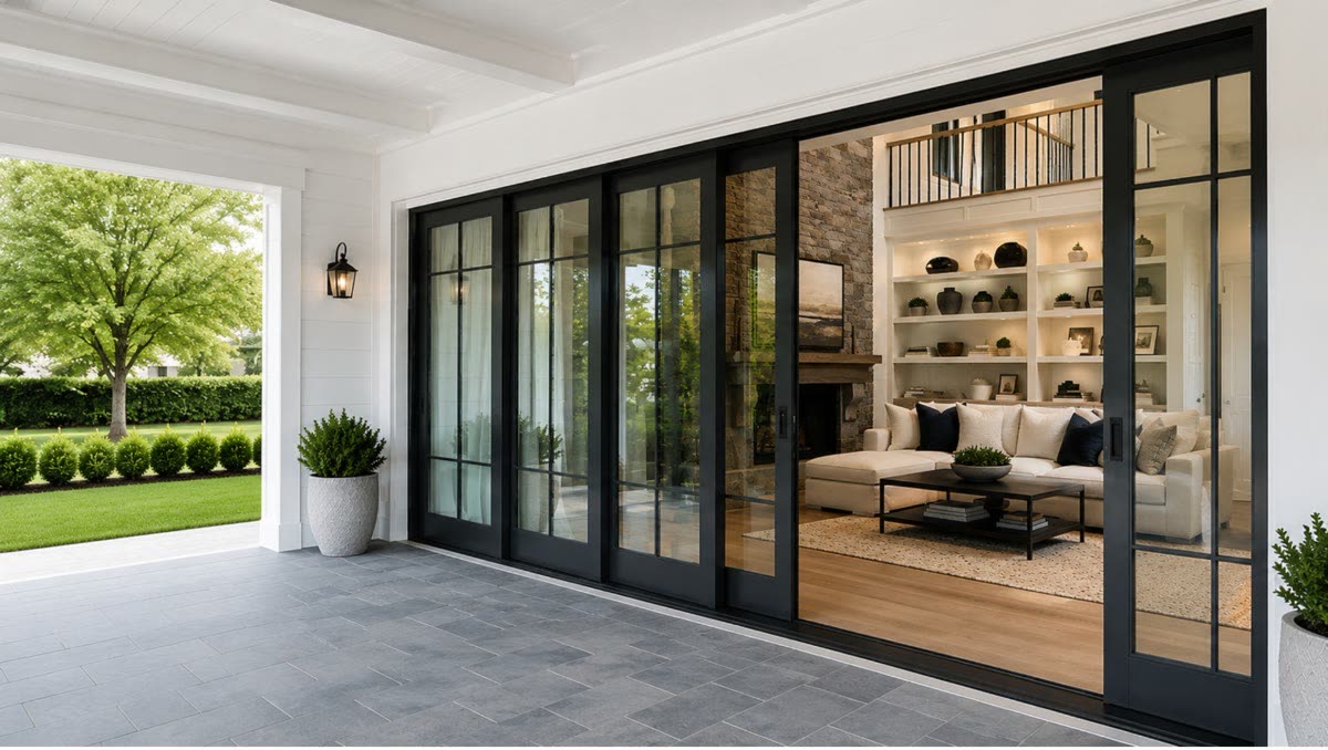 Black-framed sliding glass doors opening to a covered patio